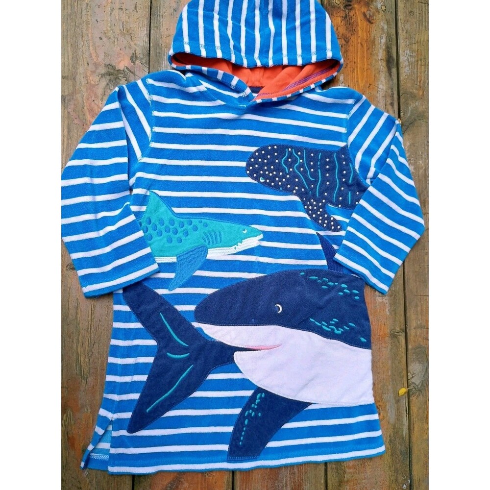 Mini Boden Boys Swim Cover Up Blue Stripes Sharks Sz 6-7 Youth Terrycloth